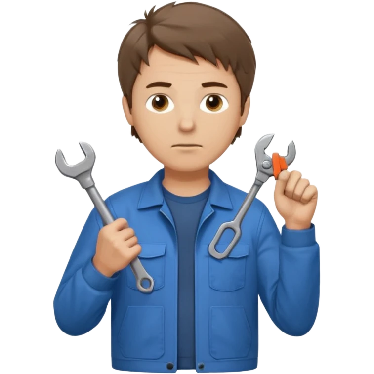 Calm and independent male technician, Caucasian features, short tousled brown hair, serious but composed expression, wearing a blue work jacket over a grey t-shirt, holding a wrench in one hand and a mechanical gear in the other, waist-up, front-facing emoji