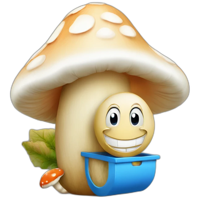 Un Schtroumpf à côté de sa maison champignon emoji