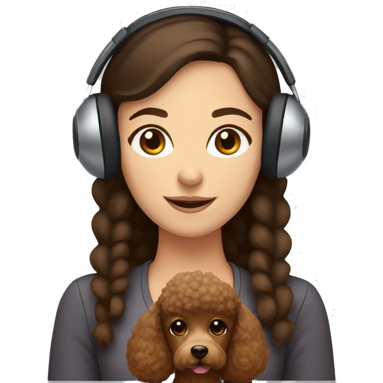 brunette girl with brown eyes wearing earmuffs and holding a brown poodle emoji