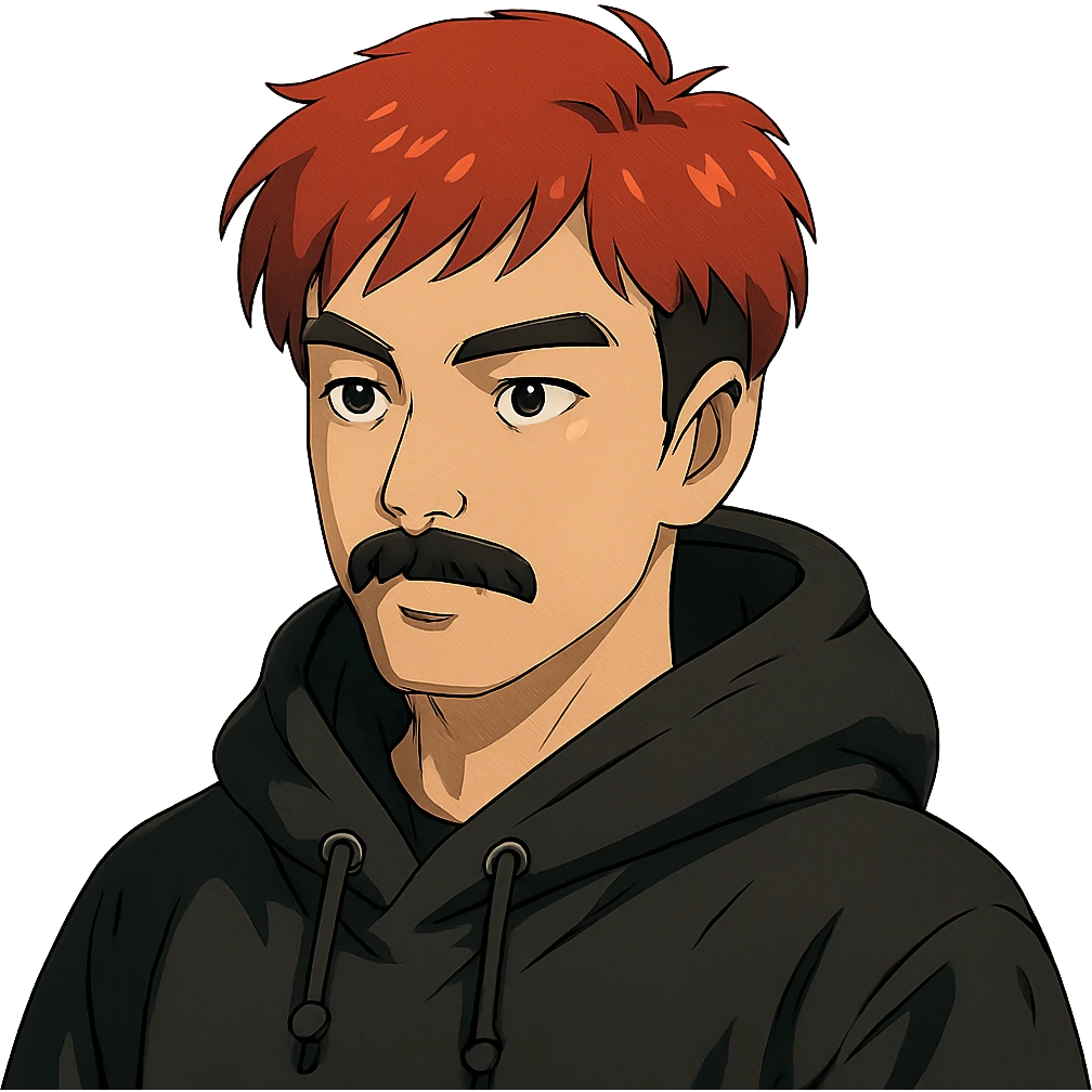 Asian man with black mustache, red hair, wearing a black hoodie in Japanese cyberpunk anime style emoji