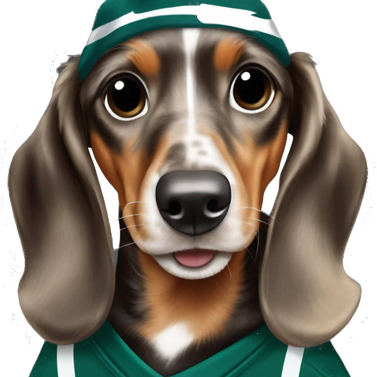 Miniature Tri Merle Medium Light Tri Brown Spotted Dachshund wearing Philadelphia Eagles Hat with C on Jersey emoji