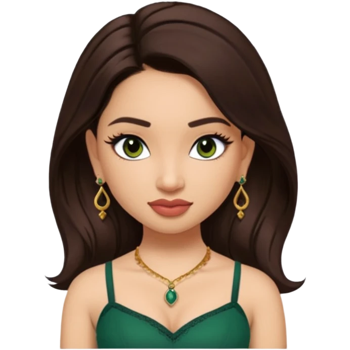 pretty bratz genmoji that looks like tamannah bhatia (bollywood actress), wearing a dark green sweetheart neckline top, dark brown hair, light makeup, no necklace, dangly earrings, side hair part, dark brown eyes, with tattoos emoji