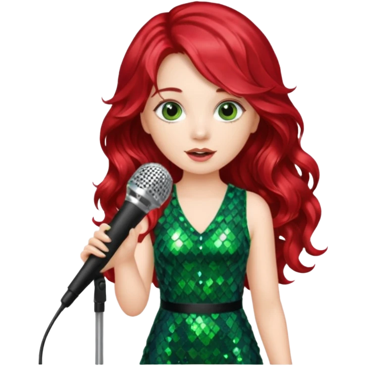 girl in green blink dress, red long wavy hair, holding a mic



















 emoji