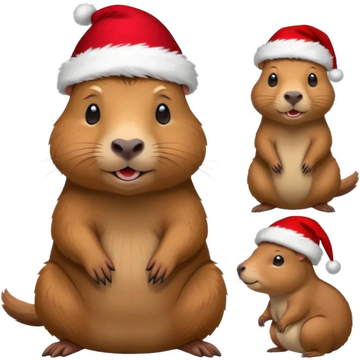 Capybara con gorrito de navidad con un montón de poses para paquete de sticker de WhatsApp que hablen peor ejemplo hola o algo asi emoji