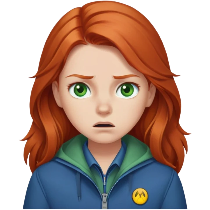Redhead girl with long hair, green eyes, blue jacket, upset expression emoji