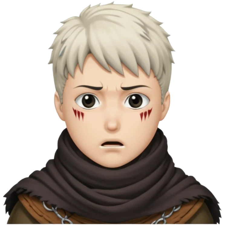 Guts from berserk, head shot, thick scarf covering mouth, scar over nose, white streak in hair emoji