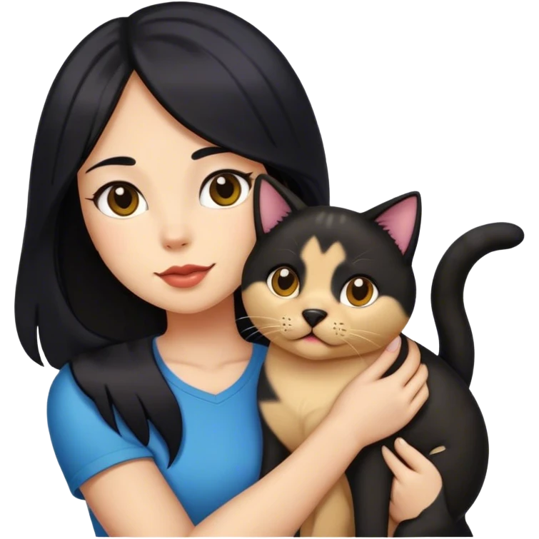 Medium skin color Woman with long black hair with a tricolor cat and a Labrador  emoji