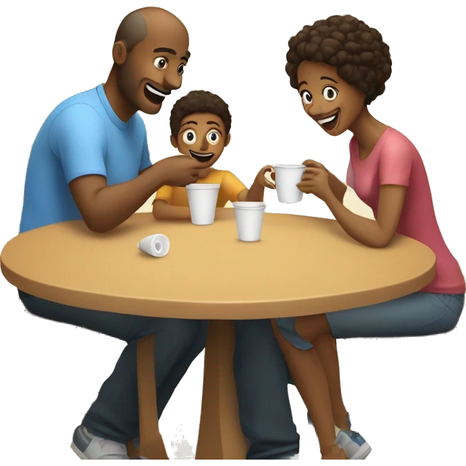 An emoji of a family—mother, father, and child—sitting at a table, playing a cup game with paper cups arranged on the table as they have fun together emoji