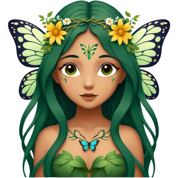 Cinematic Realistic Forest Fairy Portrait, depicted with lifelike, sun-kissed tanned skin that radiates an earthy glow, softly illuminated by natural, dappled light. Her long, flowing dark green hair is intricately detailed and interwoven with delicate vines and wildflowers, while her deep, soulful eyes mirror the wisdom of the forest. Dressed in an attire inspired by nature’s palette—with subtle botanical motifs—the portrait exudes a soft, enchanted glow that melds realism with woodland magic showing her large butterfly wings from her back. emoji