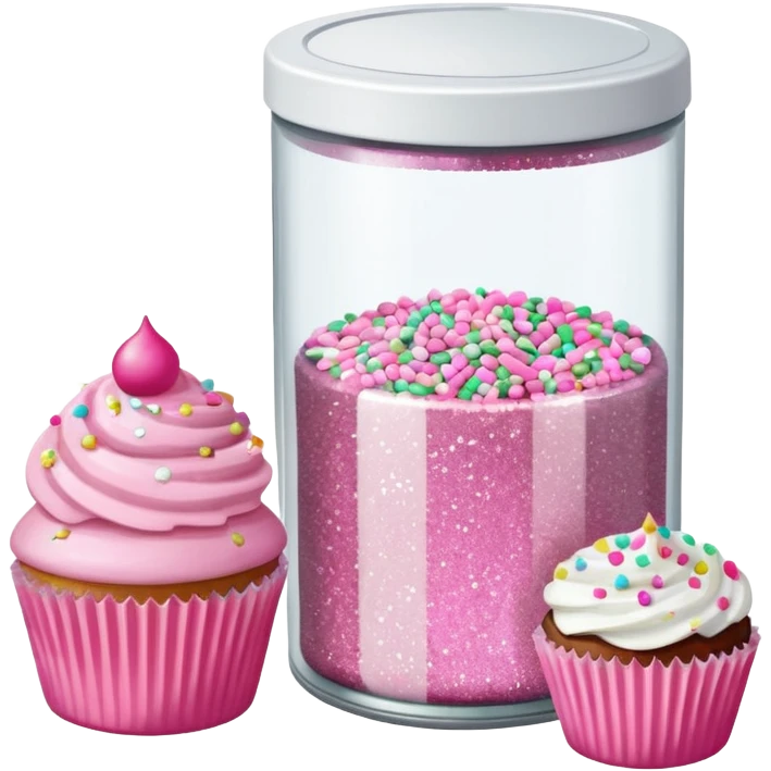silver glitter in a small clear circular container with white lid next to a can of sprinkles and pink cupcakes  emoji