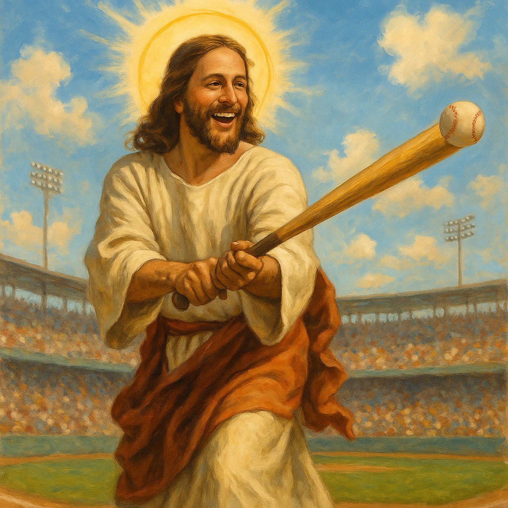 Jesus with a halo hitting a baseball, classic biblical look, joyful expression, stadium crowd in the distance emoji