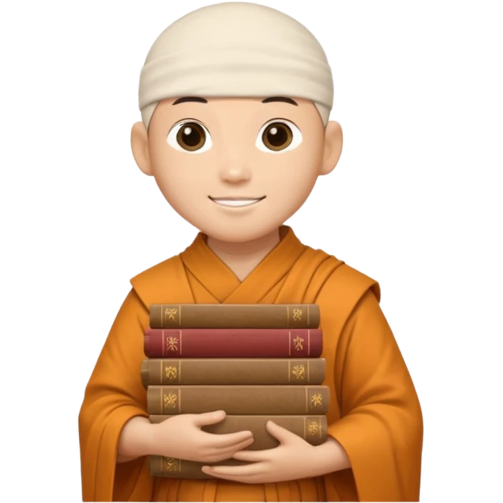 A young monk carrying a stack of ancient books, slightly wobbling but smiling softly.
 emoji
