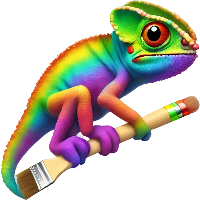 Rainbow Chameleon sits on a brush with paint emoji