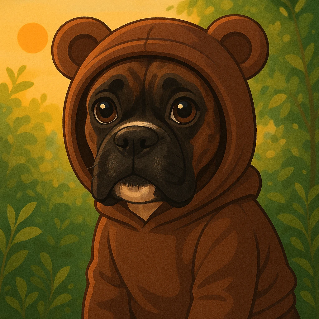 Este bóxer atigrado sentado, mirada tierna, usando un buzo con capucha de orejas de osito color marrón chocolate, iluminación golden hour, entorno natural con follaje en estilo emoji de iOS 18.1 emoji