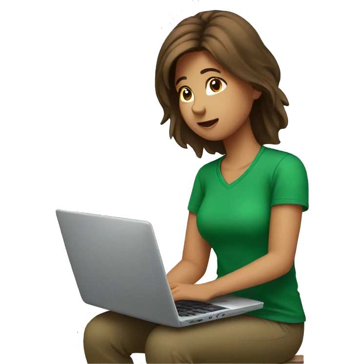 Brown hair girl in a green T shirt working on a laptop emoji