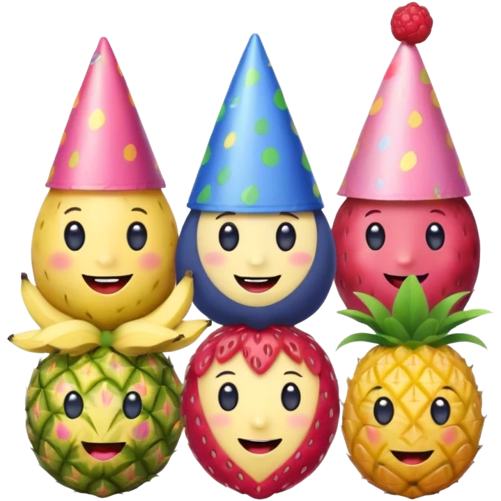 strawberry, blueberry, raspberry, banana, mango, pineapple pink lady apple having a party emoji