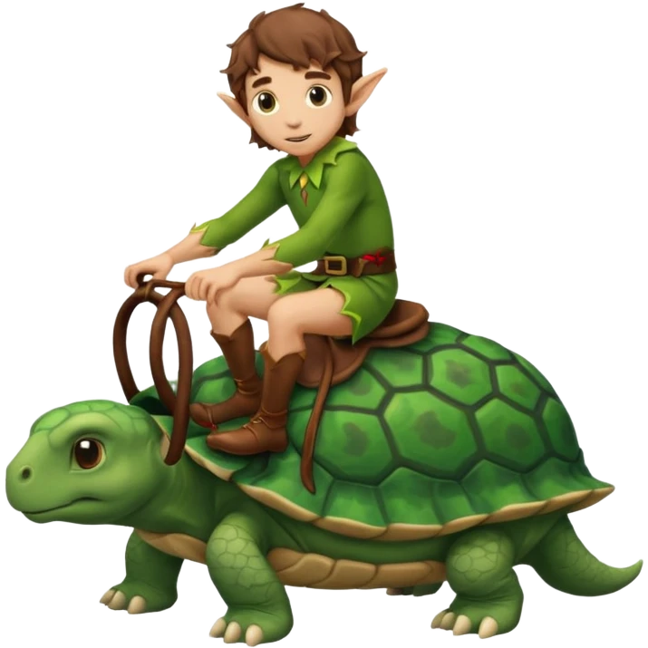 tiny forest elf man brown wavy hair riding a turtoise emoji