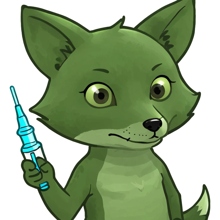 Add a syringe or capsule to the baby fox, referencing pharmacology, in the bufo frog meme style, with no background. emoji