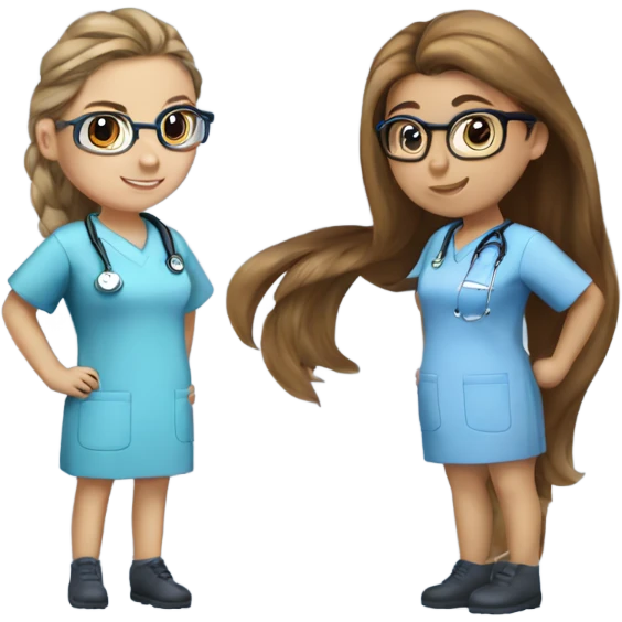 Best friend nurses in blue scrubs one girl has glasses with long hair in a pony tail and the other has long brown hair emoji