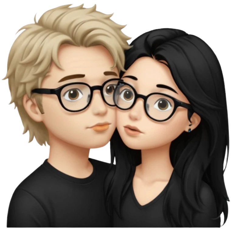 Un garçon avec les cheveux brin très clair ébouriffés, qui embrasse une fille avec les cheveux noir long et lisse , qui a des traits d’eye-liner et des lunettes noir avec un piercing au nez emoji