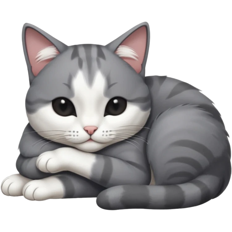 dark grey and white small cat with eyes closed, leaning his head on his paw while leaning on his elbow lying down emoji