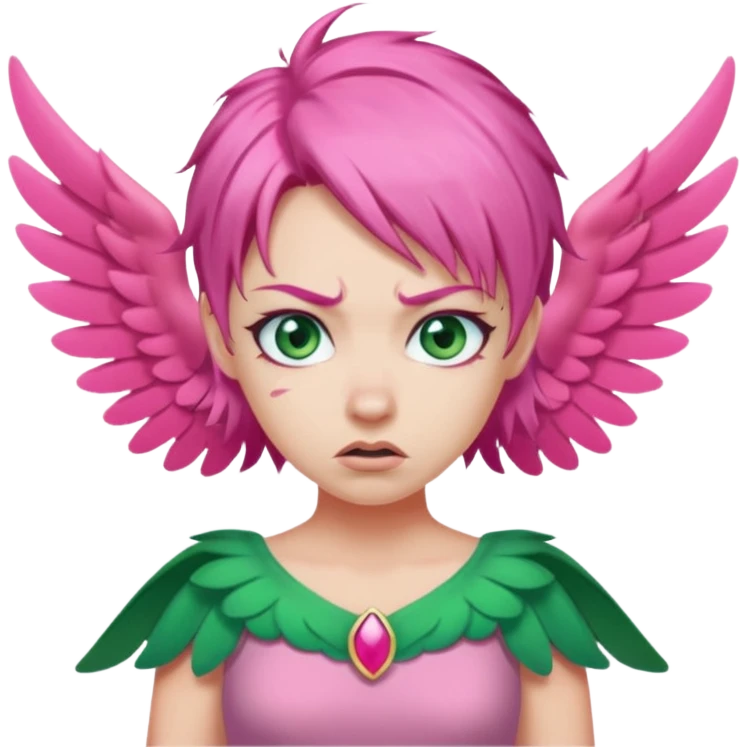 Blue eyed pink hair, pink wing fairy in green dress: anger emoji