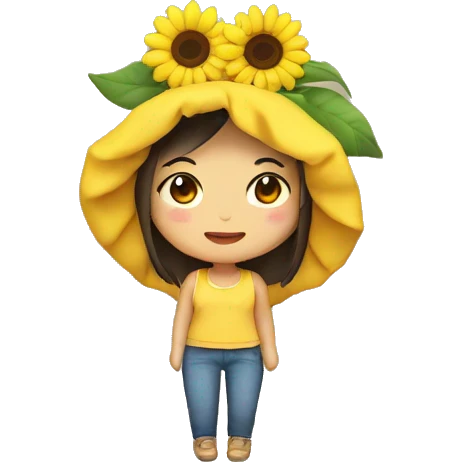 An Asian girl wearing a sunflower plushie on her head. emoji