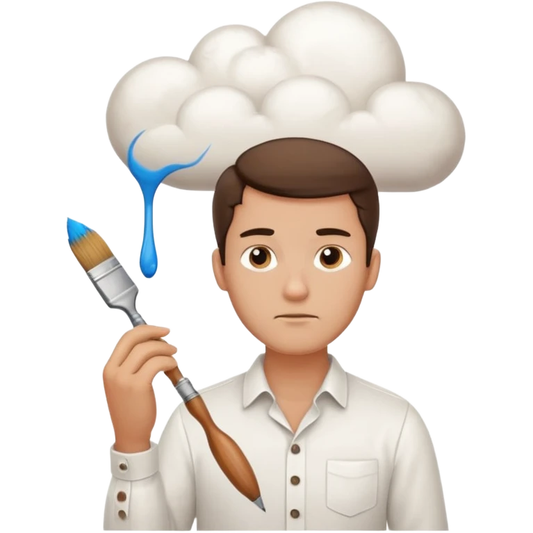 a man in a white buttoned shirt with a thinking cloud picturing a brush emoji