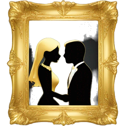 Luxury gold frame with black silhouette of wedding couple kissing,  emoji