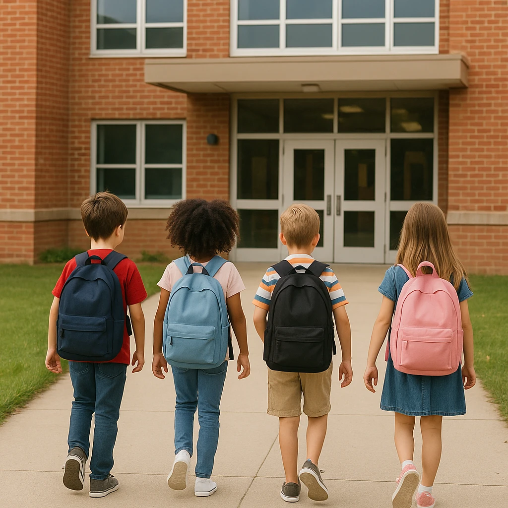 children with backpacks walking to school emoji