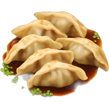 Gyoza with sauce in a plate ,the angle is from between up and down at the same time  emoji