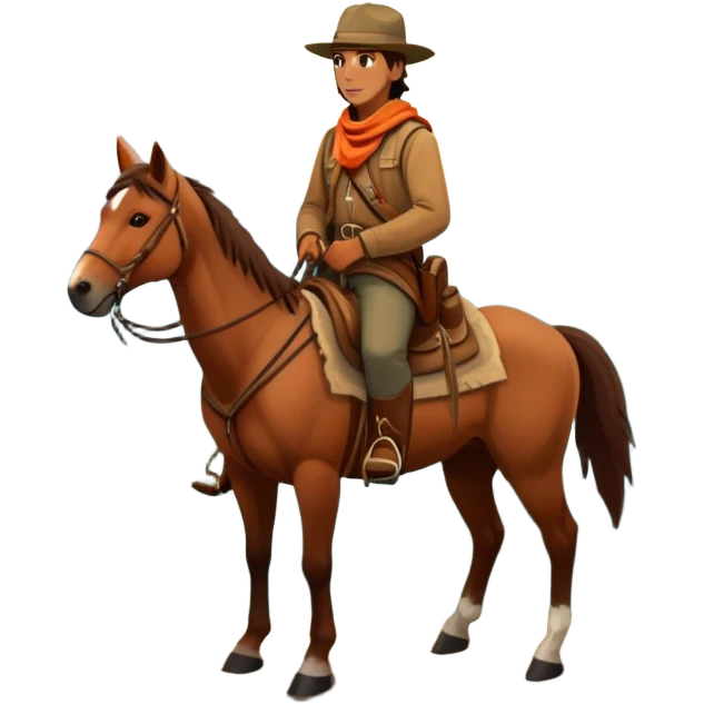 An icon featuring a vast wilderness landscape with a lone adventurer on horseback, symbolizing the adventure genre. The background shows rugged mountains, forests and a setting sun, evoking the spirit of exploration and survival. transparent background. emoji