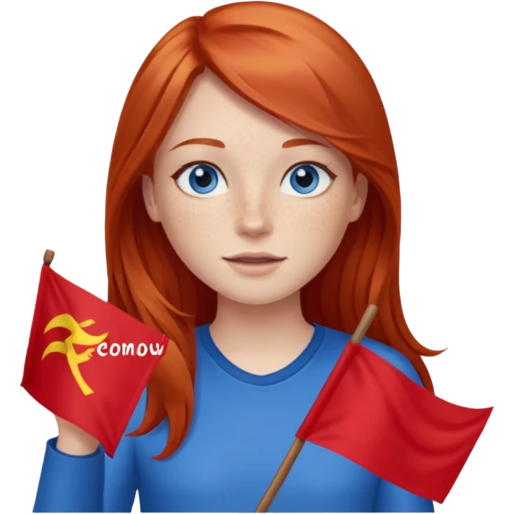 red head blue eyes freckles straight long hair waving red flag emoji