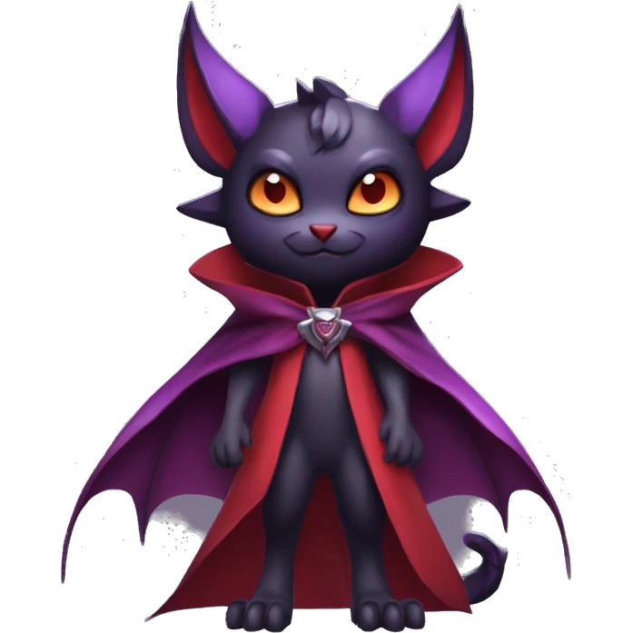  Black Red Purple Kawaii Edgy Cool Vampiric Demonic Beautiful Noivern-Nargacuga-Litten with big Bat Ears and wearing a cape and collar full body emoji