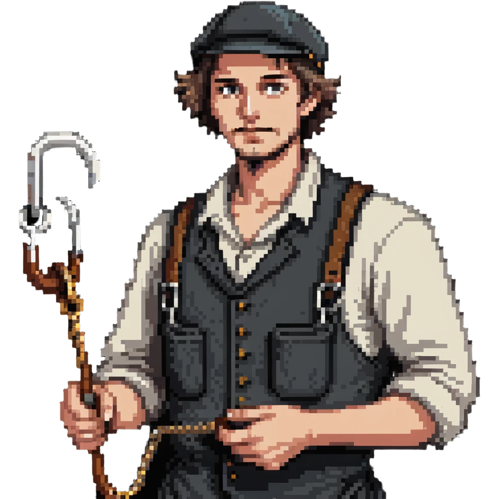 English dockworker from 1800s with weather-worn face, simple clothes and docker's hook emoji