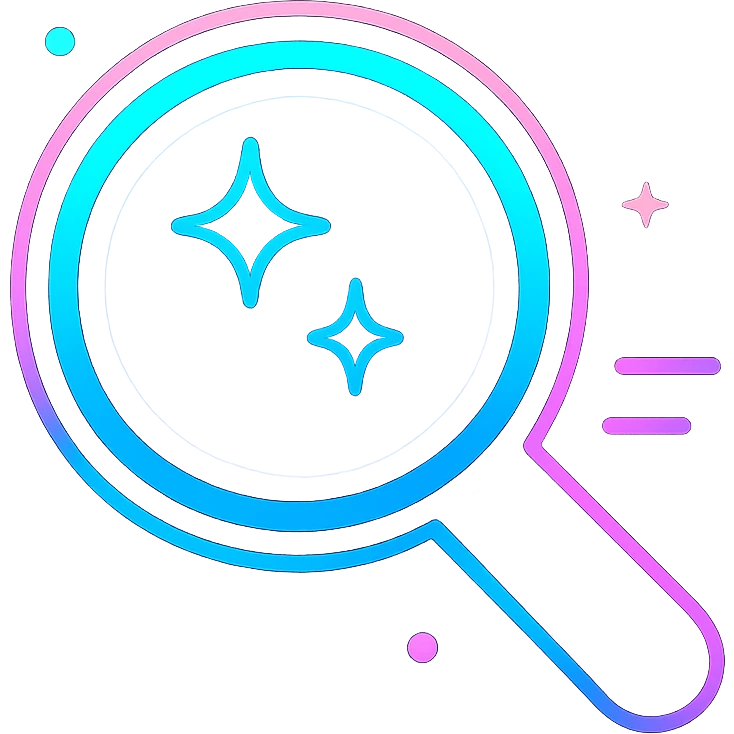 animated search icon with dark purple, blue, and black base, bright accents, complex gradients, stars, bright neon border, modern clean magnifying glass symbol, subtle glowing and moving stars neon effects, sophisticated futuristic style emoji