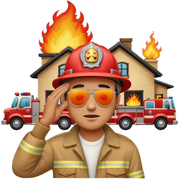 a man stands with his hands on his head, a house on fire behind him, with fire trucks arriving, apple style emoji emoji