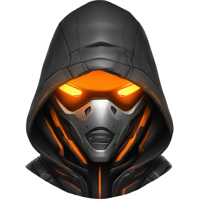  developer behind his laptop with this style : crysis Cyberpunk Valorant orange glowing bright orange character orange black hooded assassin themed character emoji