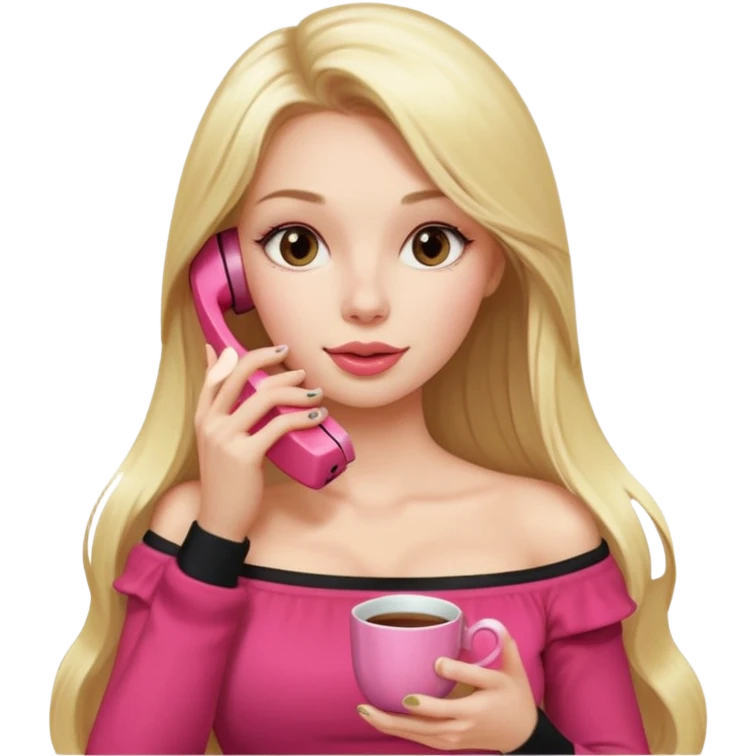 exaggerated features of woman with straight long blond hair, gossiping on a pink analogue phone, holding a tea cup, wearing an off-shoulder black top, red face emoji