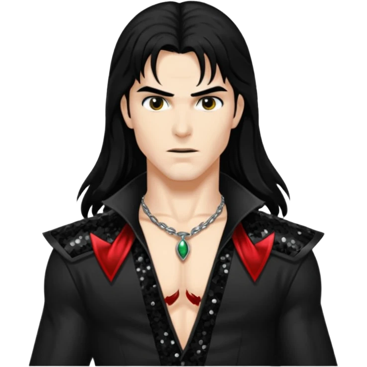 Adam Van Helsing from Vampirella with long black hair, black sequin outfit emoji