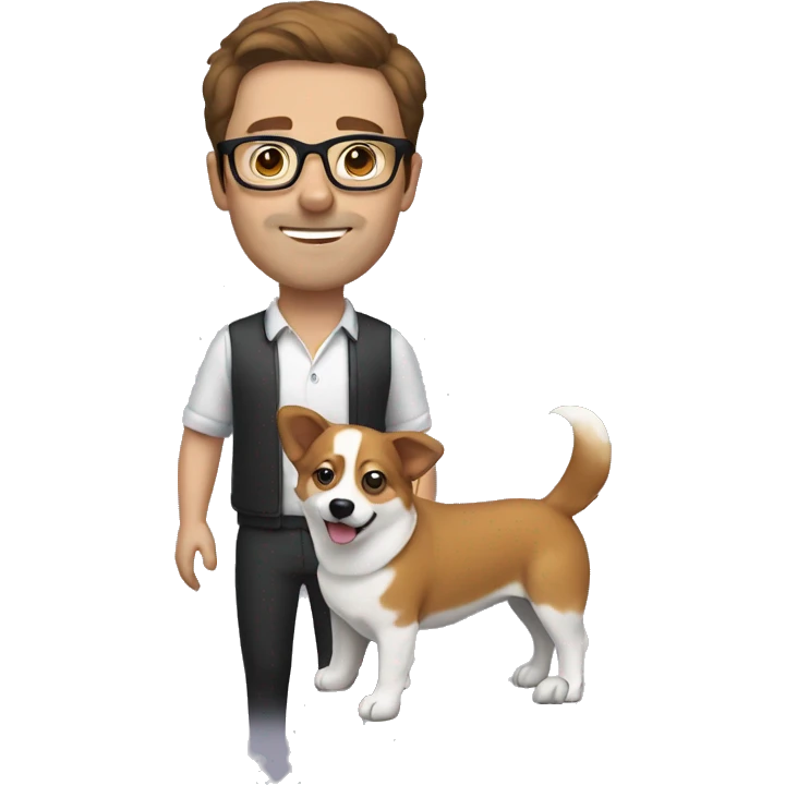 man with brown hair holding a corgi with glasses emoji
