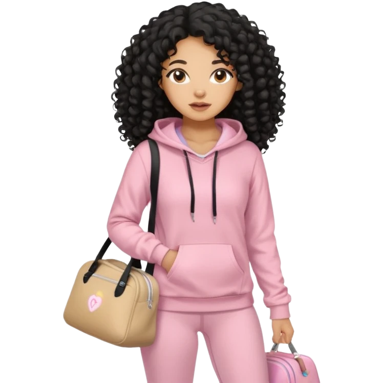 Mixed-race athletic woman with caramel skin, and long black curly hair wearing baby pink hoodie and leggings, carrying a beige gym bag emoji