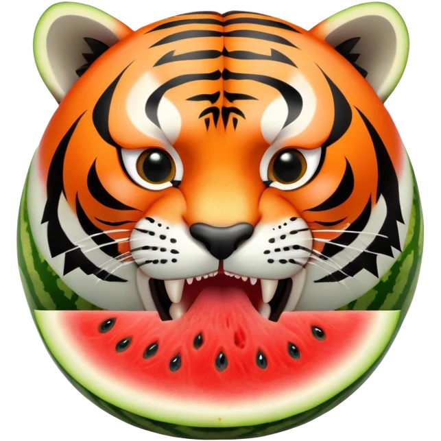 Half sliced watermelon with an orange and black striped tiger head growling emoji