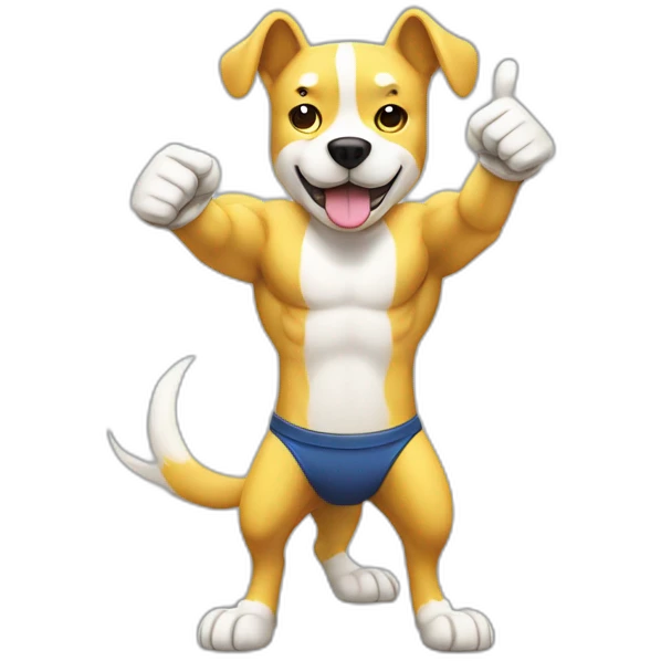 yellow and white dog with muscles and thumbs up showing the whole body with thumbs up gesture emoji