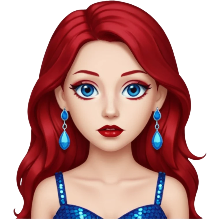 Chappell Roan (b.1998) with long dark red hair, red sequin crop top, red earring, blue eye, makeup emoji