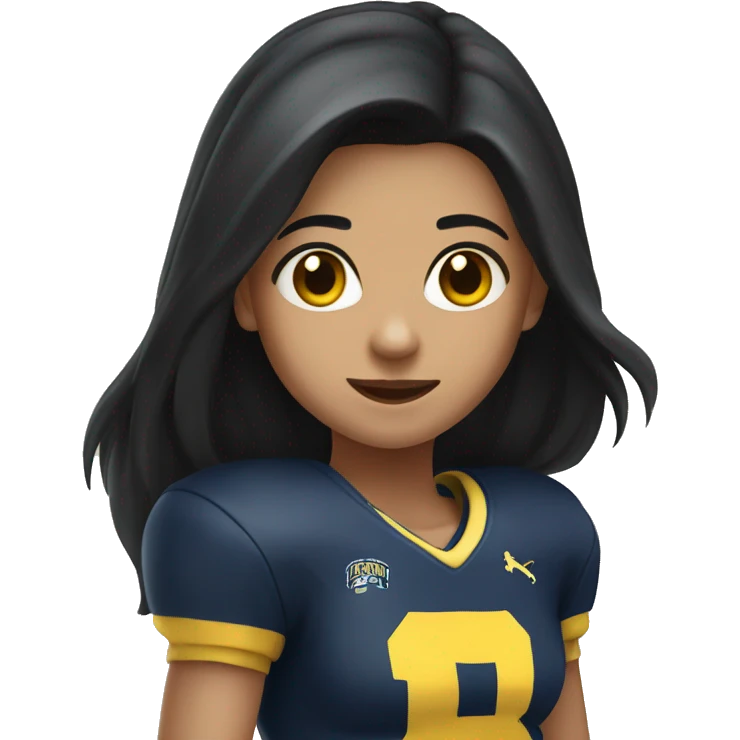 Girl wearing Michigan football shirt long black hair and dark brown eyes cheering emoji