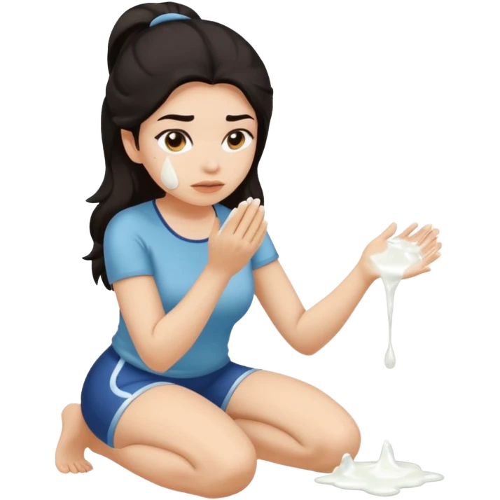 Kneeling Hispanic woman with sticky white liquid on face emoji
