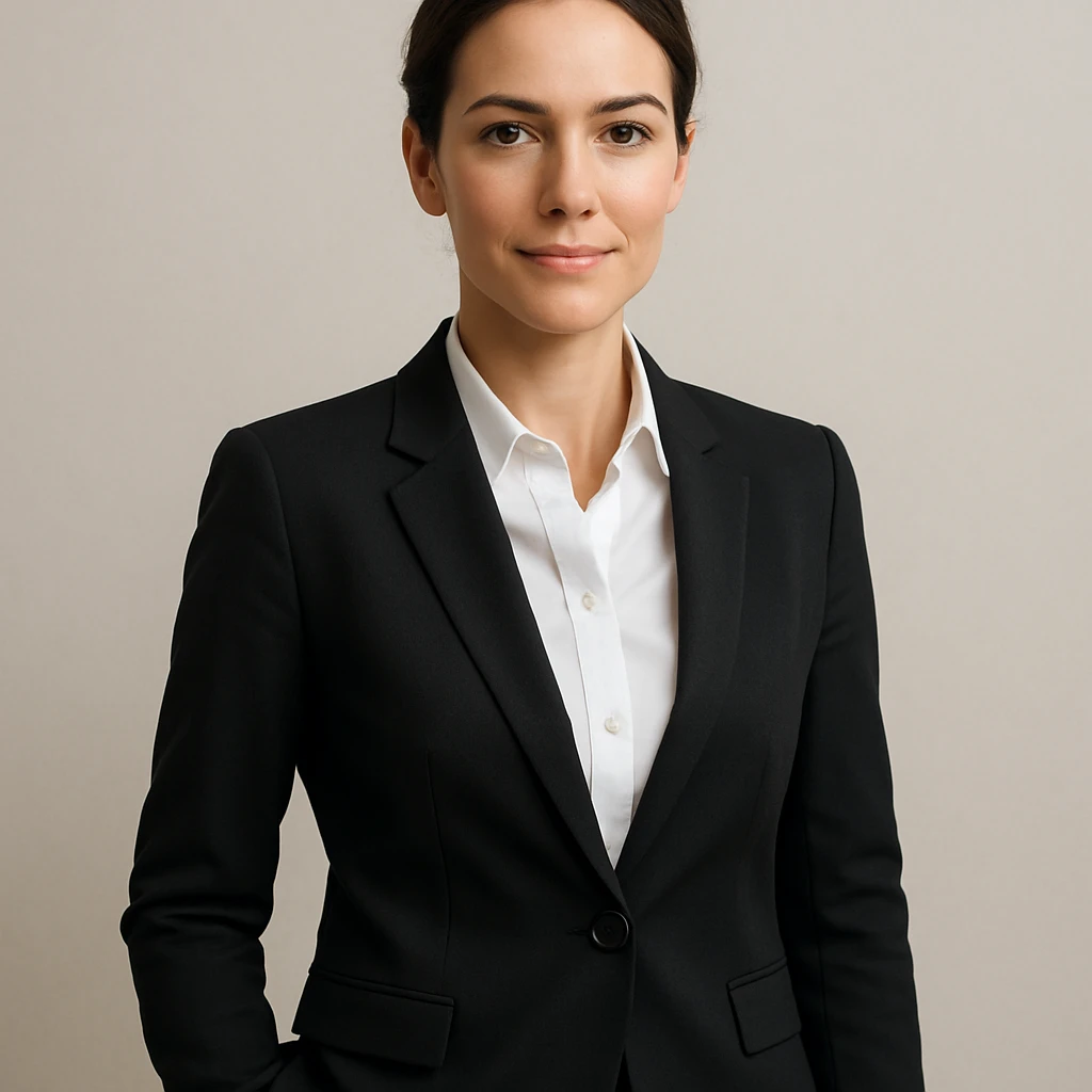 a professional-looking person in business attire with a confident expression, neutral background, modern style emoji