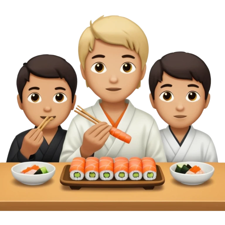 3 boys eating sushi at a place called sano emoji