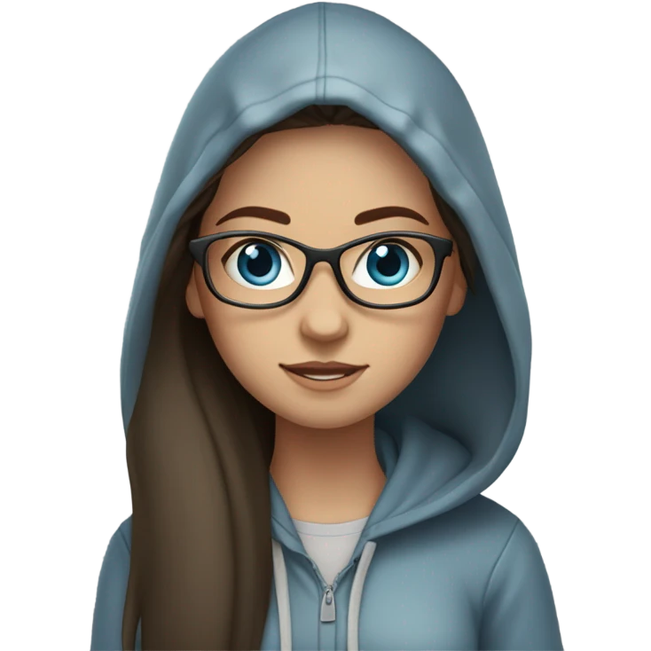 A brunette girl with long straight hair, blue eyes, glasses and a hoodie emoji